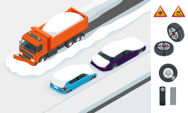 ilustraciones, imágenes clip art, dibujos animados e iconos de stock de carretera de despeje de camiones de arado de nieve después de la ventisca de tormenta de nieve de invierno blanca para el acceso de vehículos. coches cubiertos de nieve en una carretera durante las nevadas. - skidding bend danger curve