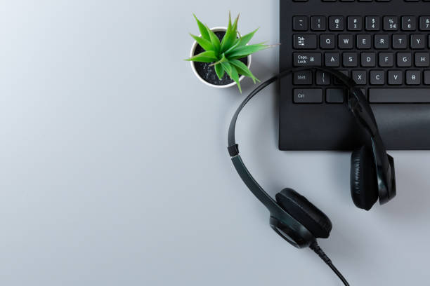 teclado de plantas e fones de ouvido em um fundo cinzento com microfone com espaço da cópia - cut up audio - fotografias e filmes do acervo