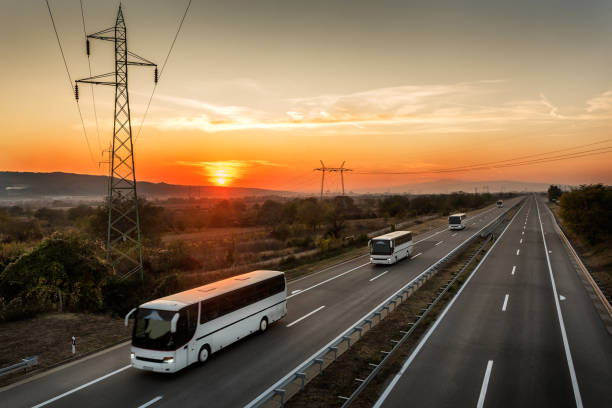 carovana di quattro autobus in fila che viaggiano su un'autostrada al tramonto - autobus italy foto e immagini stock