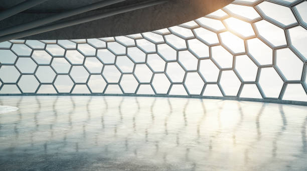 istock Spacious light empty showroom for car presentation or other objects with futuristic cell window. 1192170323