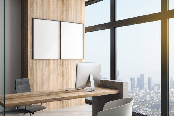 istock Two white blank posters in modern office with megapolis view. 1192170390