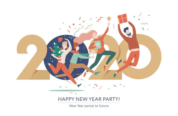 Merry Christmas and Happy New Year 2020. Group of young people jumping through the portal in the new year. Modern flat vector illustration, golden number 2020, creative concept, banner, poster, greeting card snakes beard stock illustrations