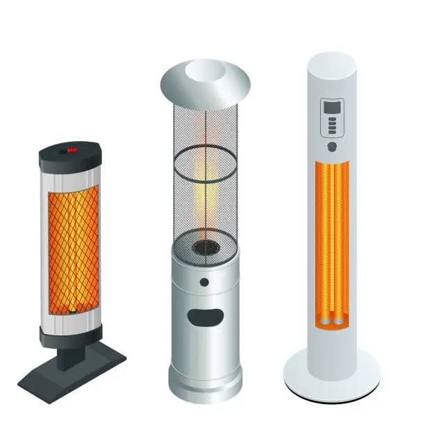 Vector illustration of Electric Modern Long-Wave Infrared Patio Heaters and Gas Patio Heater. Isometric Best Patio Heaters for Your Garden, Bars, and Restaurants.