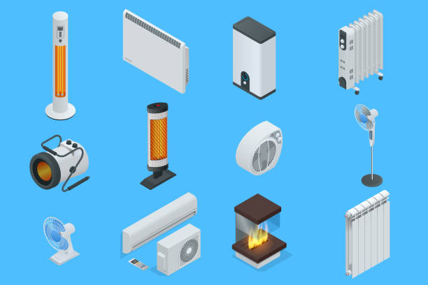 Isometric Home Climate Control Icons. Home climate equipment set fireplace, oil heater with screen controls. Can be used for advertisement, infographics, game or mobile apps icon. vector art illustration