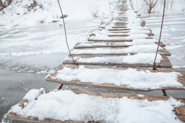 old pedestrian wooden ladders covered by snow