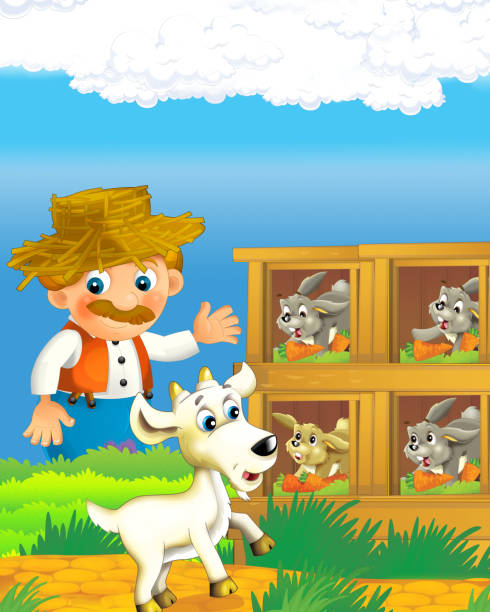 мультфильм сцены со счастливым фермером человек на ранчо фермы - horse goat child humor stock illustrations