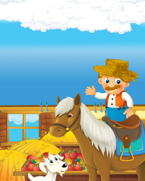 ilustraciones, imágenes clip art, dibujos animados e iconos de stock de escena de dibujos animados con el hombre agricultor feliz en el rancho de la granja - horse goat child humor