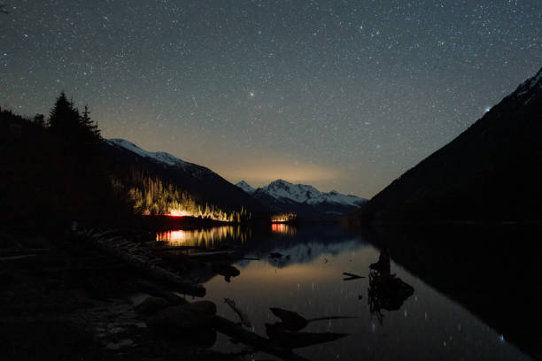 istock Night starry sky reflecting in calm lake in wilderness Canada 1192184865