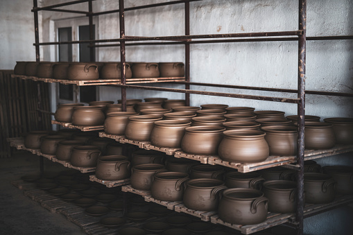 Pottery bowls in pottery studio.