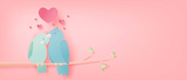 ilustracja miłości z ptakami na gałęziach drzew i kształcie serca w stylu cięcia papieru. cyfrowe rzemiosło papieru sztuki walentynki koncepcji. - heart shape pink background cartoon vector stock illustrations