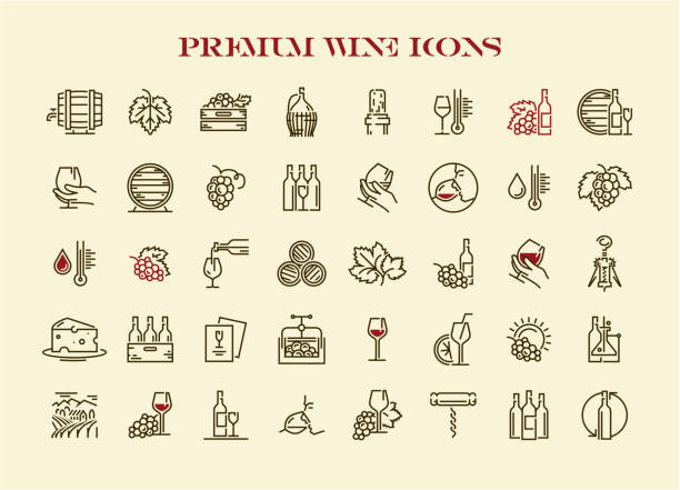 ilustraciones, imágenes clip art, dibujos animados e iconos de stock de conjunto de iconos de vino. colección de iconos de vino de primera calidad. - winery wine cellar barrel