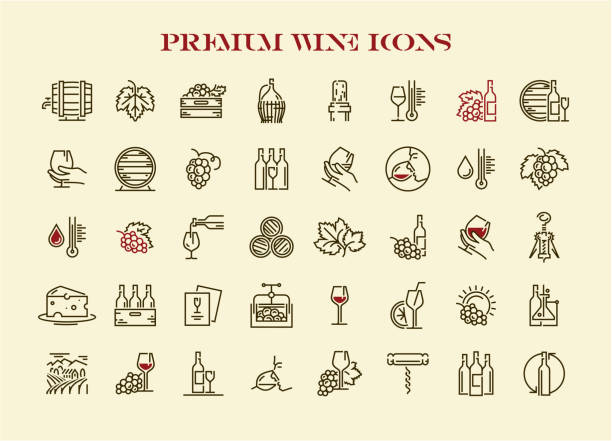 illustrations, cliparts, dessins animés et icônes de ensemble d'icônes de vin. collection d'icônes de vin de qualité supérieure. - vignoble