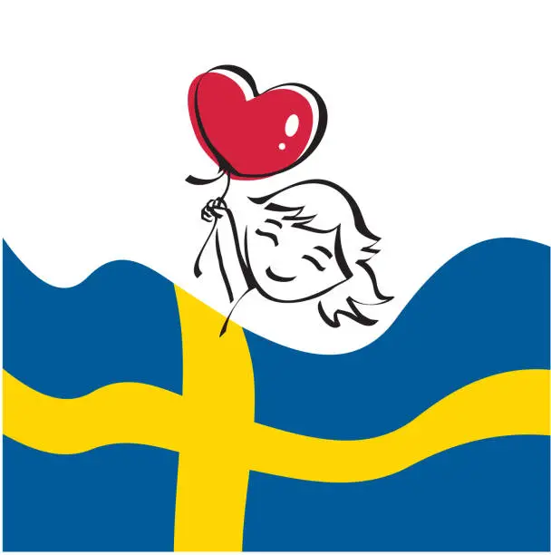 Vector illustration of Little girl with balloon. Swedish flag and little girl.