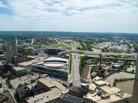 City view of Cleveland, Ohio, through Terminal Tower, Tower City and Galleria Windows