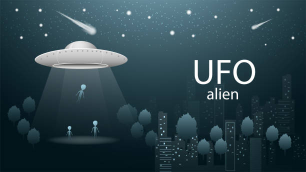 istock flying saucer UFO aliens fly away loading into spaceship beam of light banner design in dark blue background illustration night city among trees starry sky 1192204984