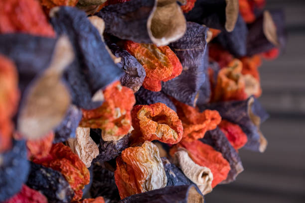 Traditional Turkish delights hanging from the ceiling. Dried eggplant and peppers hanging. Turkish Urfa biber