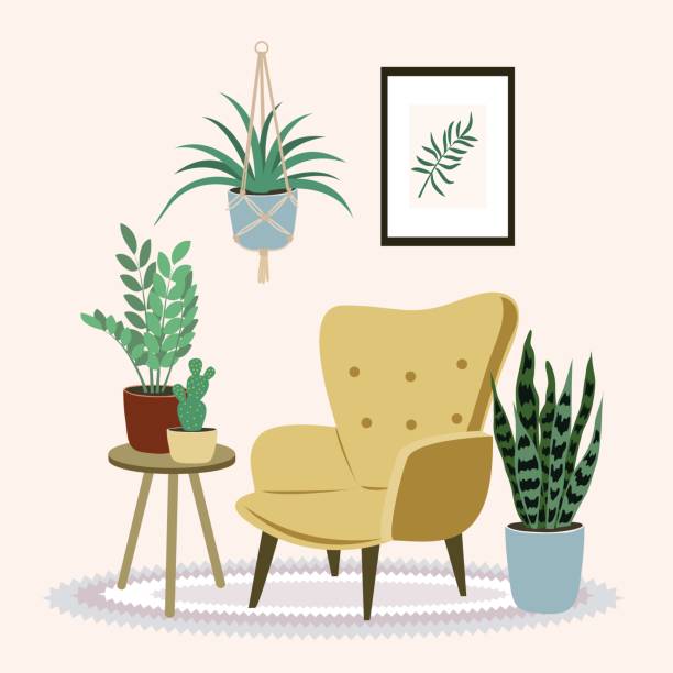 istock Cozy home interior with house plants, coffee table, comfort armchair and home decorations. Comfortable interior in decorated in Scandinavian style. Flat vector. 1192208319