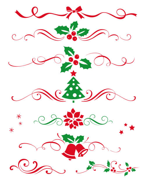 illustrations, cliparts, dessins animés et icônes de ensemble d'hiver d'éléments calligraphiques décoratifs, de diviseurs et d'ornements de nouvel an pour la décoration de page. - christmas ornament christmas bow christmas decoration