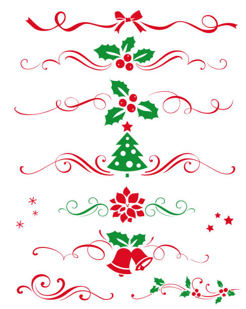 zimowy zestaw ozdobnych elementów kaligraficznych, przegrody i noworoczne ozdoby do dekoracji stron. - pinaceae stock illustrations