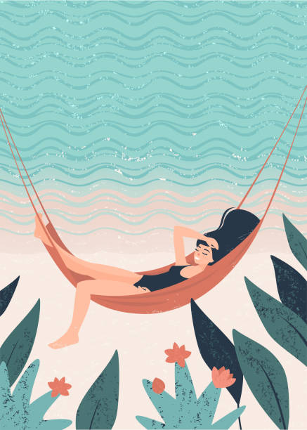 glückliches mädchen in einem badeanzug in einer hängematte am meer und tropischen pflanzen liegen - hängematte stock-grafiken, -clipart, -cartoons und -symbole