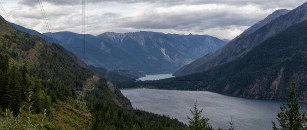 Interior of British Columbia, Canada Aerial Panoramic View of a small remote town, Seton Portage, between Anderson and Seton Lake. Located near Lillooet, BC, Canada. pemberton town stock pictures, royalty-free photos & images