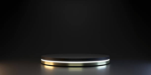 Modern plate pedestal of neon platform display with luxury stand podium on dark room background. Blank Exhibition or empty product shelf. 3D rendering. Modern plate pedestal of neon platform display with luxury stand podium on dark room background. Blank Exhibition or empty product shelf. 3D rendering. base sports equipment stock pictures, royalty-free photos & images