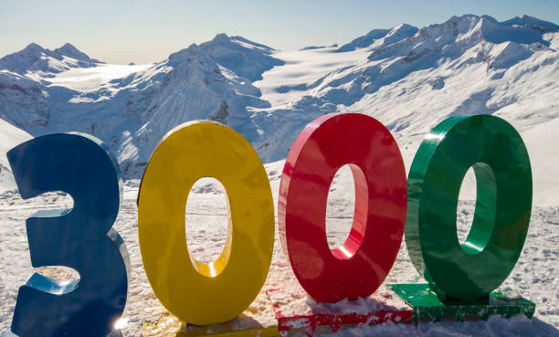 Presena, Tonale, Italy. The 3.000 meters signboard at the arrival of the cableway. On the back view to the glacier Adamello, Lobbie, Presanella and Pian di Neve. Italian Alps stock photo