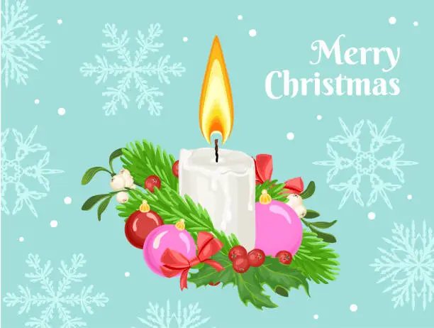 Vector illustration of Christmas greeting card with burning candle, green fir, red holly berries, mistletoe and Christmas balls on blue background with snowflake. Vector festive illustration in cartoon simple flat style.