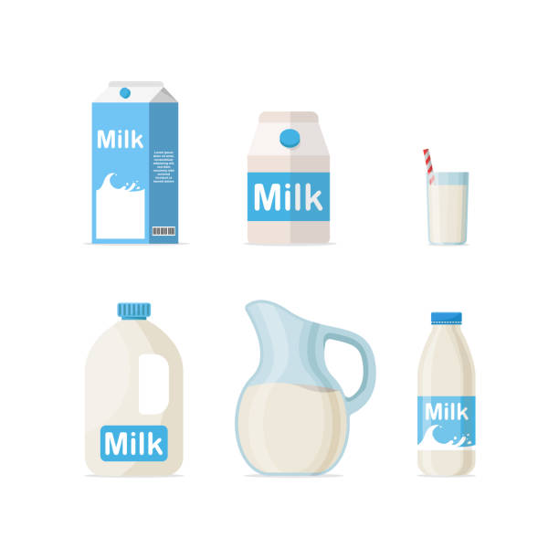 satz milch in verschiedenen verpackungen: glas, karton, flasche isoliert auf weißem hintergrund - milk milk bottle bottle glass stock-grafiken, -clipart, -cartoons und -symbole