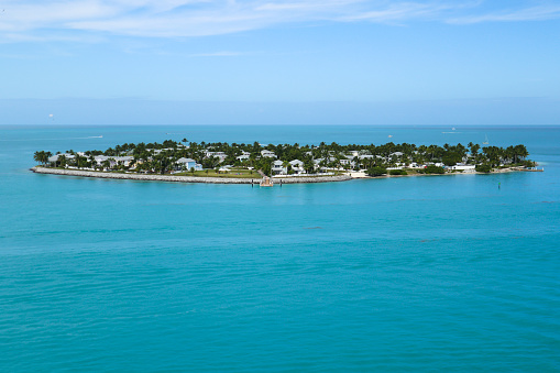 Aerial view of Sunset Key, a 27-acre residential neighborhood and resort island in the city of Key West, Florida, United States. It is located about 500 yards off the coast of Key West.