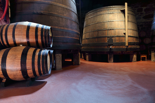Background perspective inside a winecellar full of wooden barrels