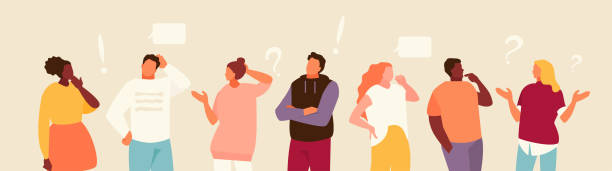 Set of puzzled people vector Set of puzzled and surprised office people. Problem solving and discussion. Vector flat illustration cartoon of conclusion stock illustrations