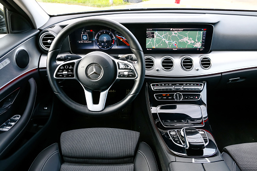 Miesbach, Germany - September 20, 2019: Interior of the luxury saloon car Mercedes-Benz E220d (W213).