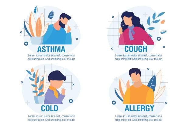 Different Types of Cough Cartoon Sick People Set Different Types of Disease with Coughing Symptom. Cartoon Sick People Characters Set. Asthma, Cold, Allergy, Cough. Children and Adults. Medicine and Healthcare. Vector Flat Illustration coughing stock illustrations