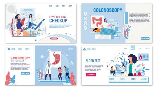 online healthcare services flat landing page set - darmspiegelung stock-grafiken, -clipart, -cartoons und -symbole