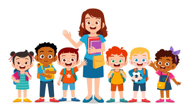 ilustraciones, imágenes clip art, dibujos animados e iconos de stock de niños lindos felices sonríen con el maestro juntos - preschool teacher