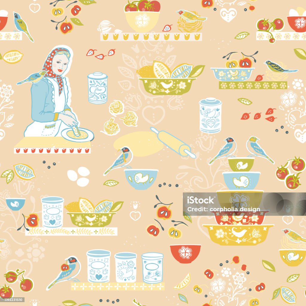 Home Vintage Kitchen Fairy Seamless Retro Pattern Stock Illustration -  Download Image Now - 1950-1959, Kitchen, Backgrounds - iStock