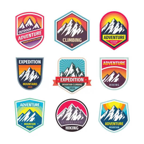 Photo of Mountain climbing - design badge set. Adventure outdoor creative vintage emblem collection. Vector illustration.
