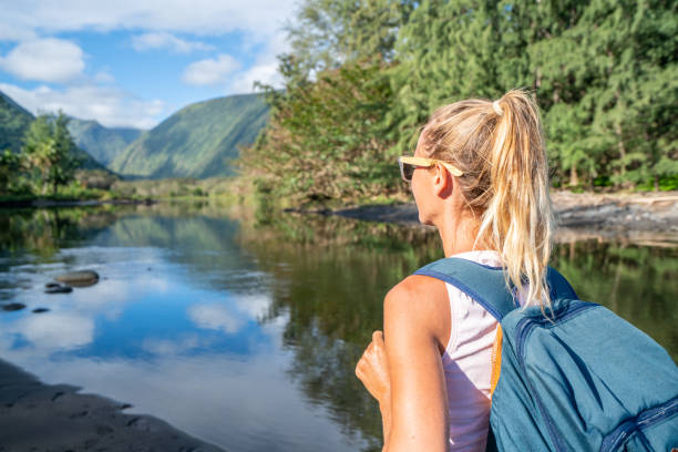 hiking woman contemplating waipio valley, hawaii - hamakua coast imagens e fotografias de stock