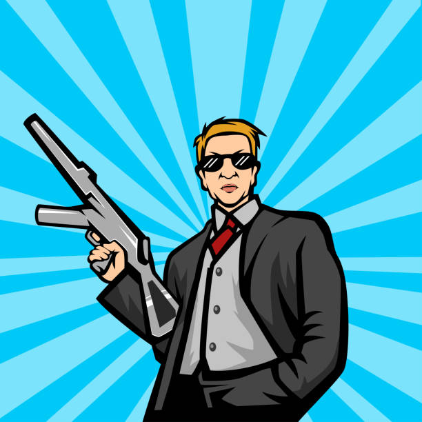 ilustrações de stock, clip art, desenhos animados e ícones de gangster with machine gun pop art style - spy gun men humor
