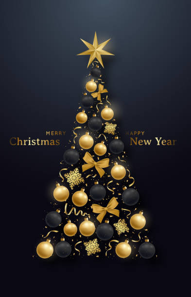 istock Decorative Christmas tree with realistic golden baubles, bow, star and snowflakes. Merry Christmas and Happy New Year greeting card. Vector illustration. 1192232809