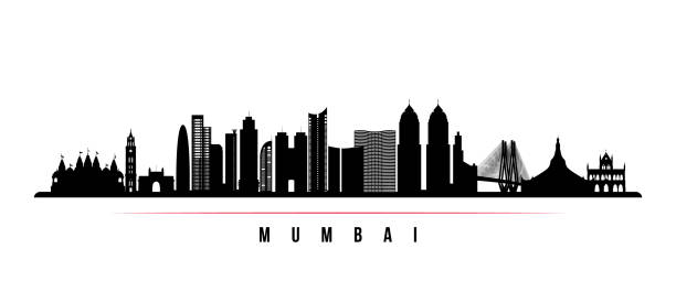 뭄바이 스카이 라인 수평 배너입니다. 뭄바이, 인도의 흑백 실루엣. 설계를 위한 벡터 템플릿입니다. - mumbai stock illustrations