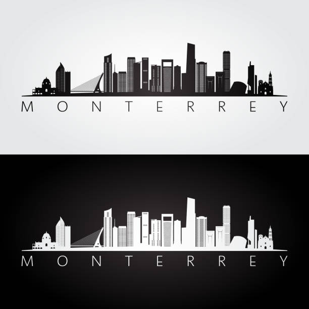 monterrey skyline und sehenswürdigkeiten silhouette, schwarz und weiß design, vektor-illustration. - nuevo leon stock-grafiken, -clipart, -cartoons und -symbole