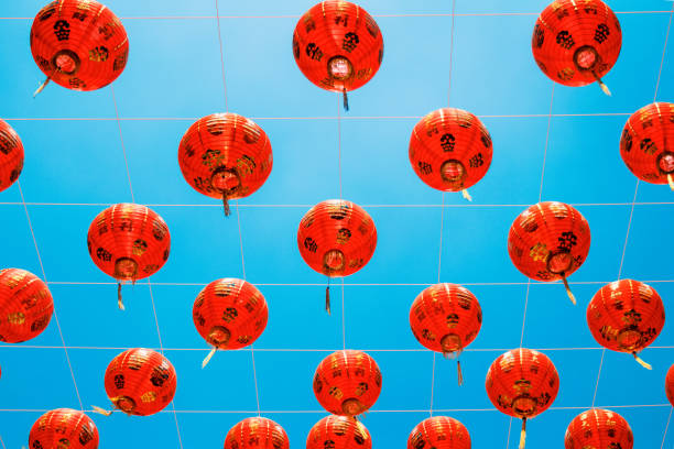 Close-up Chinese lanterns on the blue sky background