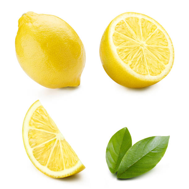Lemons and leaves on white Collection of lemons and leaves, isolated on white background halved stock pictures, royalty-free photos & images