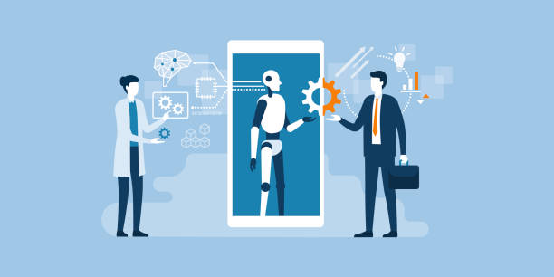 Business and AI technology Scientist, AI robot and businessman working together: artificial technology, engineering and business concept robotics stock illustrations