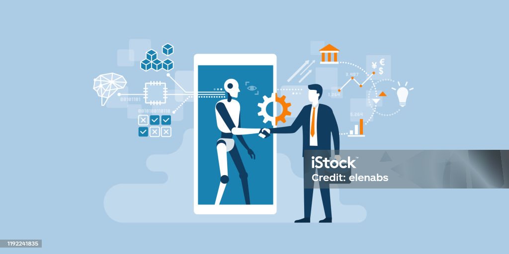 Business and AI technology Businessman and AI robot shaking hands and cooperating together for a common goal Robot stock vector