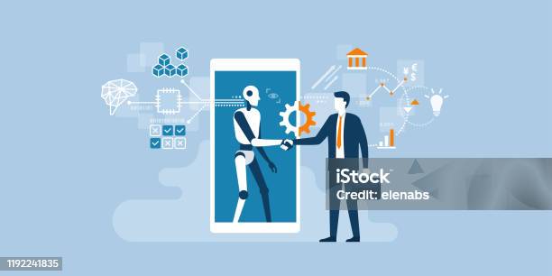 Business And Ai Technology Stock Illustration - Download Image Now - Robot, Handshake, People