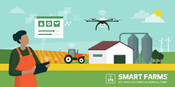 Smart agriculture and IOT Female farmer managing her industrial farm with a mobile app on her tablet, IOT and smart farming concept precision agriculture stock illustrations