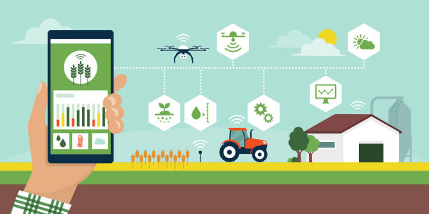 Smart agriculture app Farmer managing his industrial farm using an app on his smartphone, smart agriculture vector infographic with icons agriculture illustrations stock illustrations
